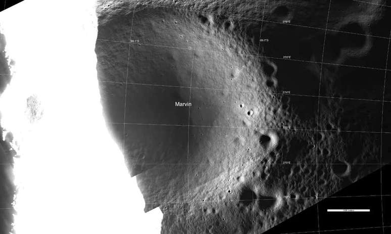 Surroundings of Marvin Crater in a ShadowCam photo (Image: Playback/NASA/KARI/ASU) Surroundings of Marvin Crater in a ShadowCam photo (Image: Playback/NASA/KARI/ASU)