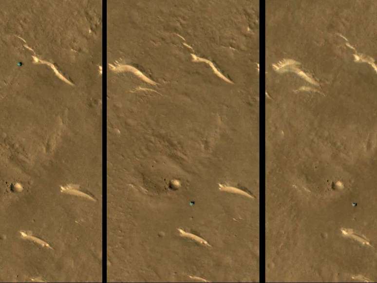The Zhurong rover (blue dot) that appears in the same spot in photos from 2022 and 2023 (Image: Reproduction/NASA/JPL-Caltech/UArizona) The Zhurong rover (blue dot) that appears in the same spot in photos from 2022 and 2023 (Image: Reproduction/NASA/JPL-Caltech/UArizona)