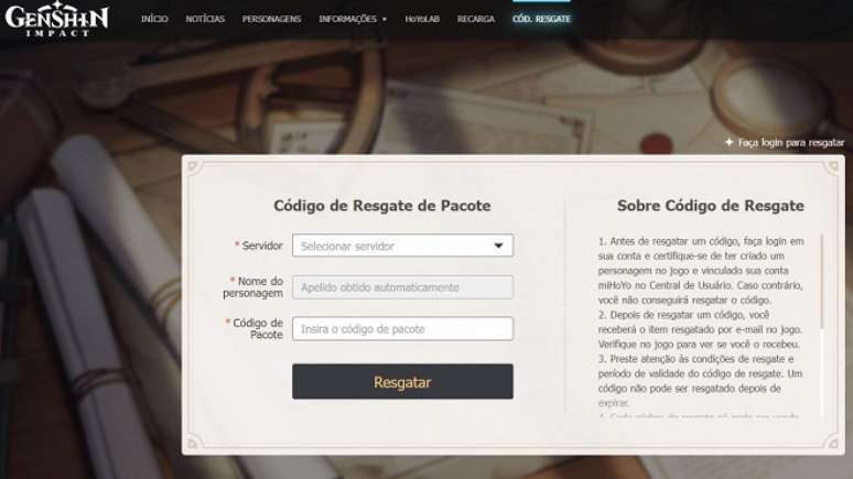 Captura de tela da página de Código de Resgate para a inserção de códigos de maio de 2023 de Genshin Impact.