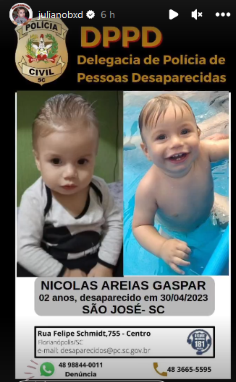 O tio do menino compartilhou formas de como enviar informações sobre o paradeiro de Nicolas