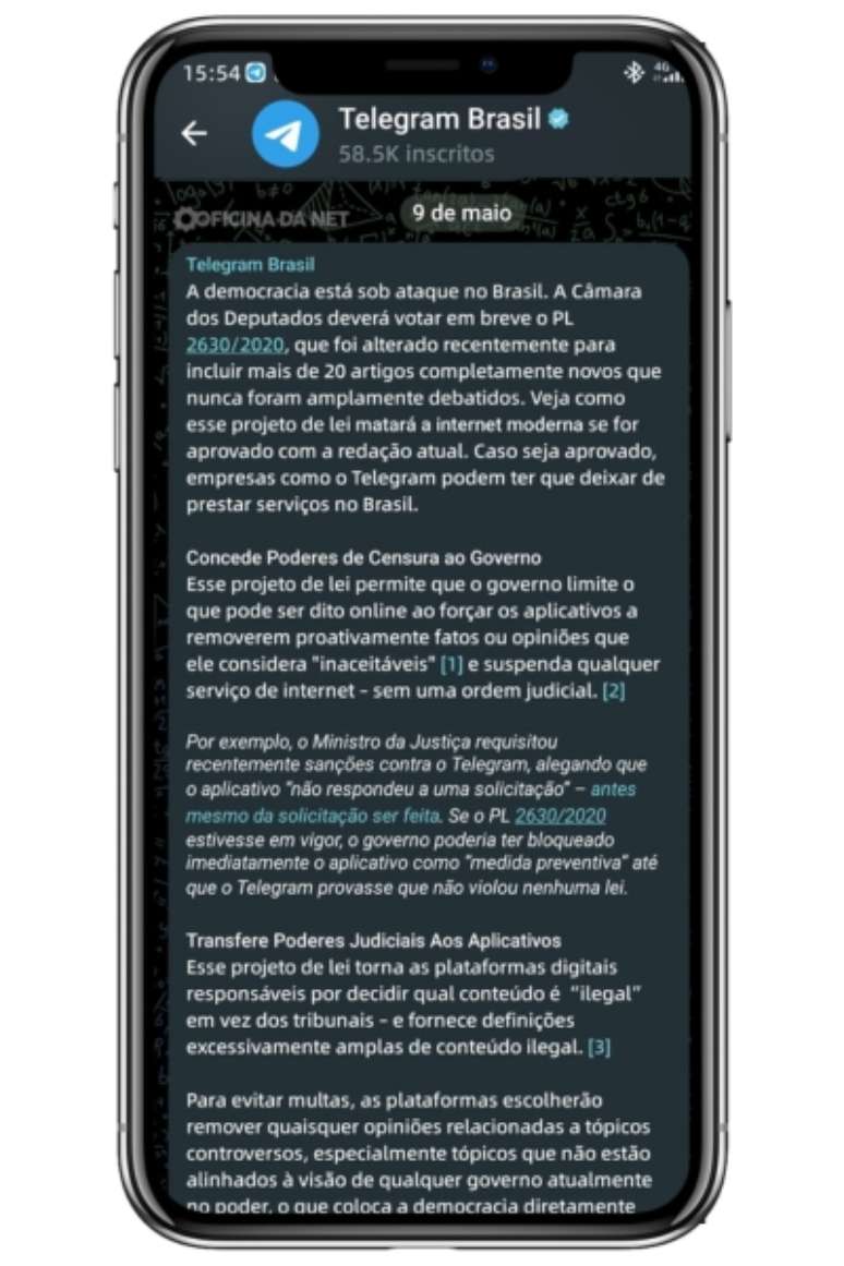 Telegram dispara mensagem contra o PL das Fake News e alerta para o fim da liberdade de expressão