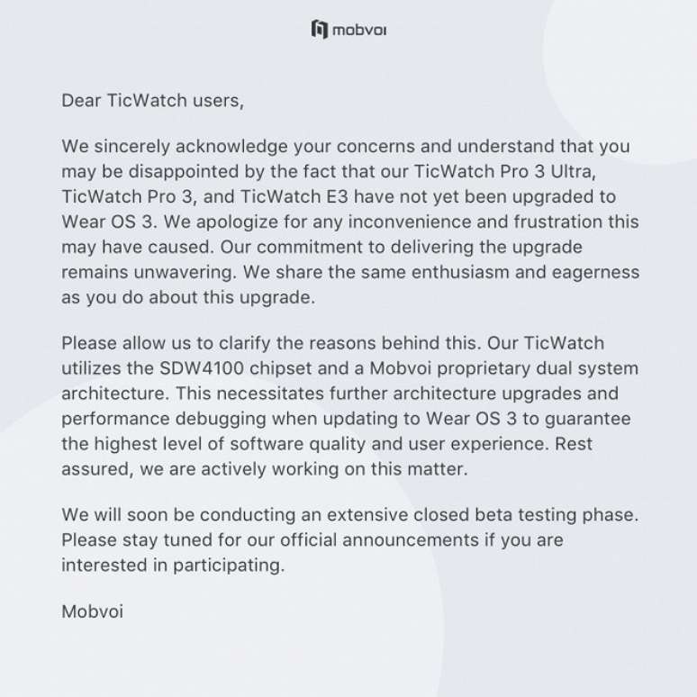 Comunicado da Mobvoi explicando o motivo pelo qual o Wear OS 3 ainda não foi lançado para os smartwatches TicWatch.