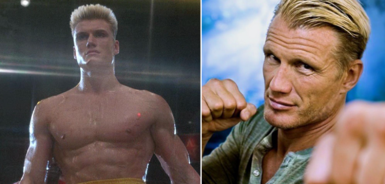 Da esquerda para direita: Dolph Lundgren no longa 'Rocky IV', de 1985, e atualmente em postagem do Instagram