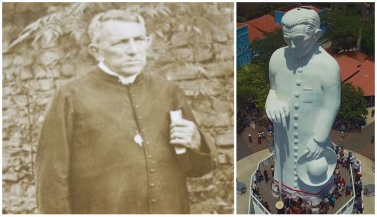Um raro registro do Padre C&iacute;cero, falecido em 1934, e a est&aacute;tua dele, que recebe milhares de fi&eacute;is todos os anos