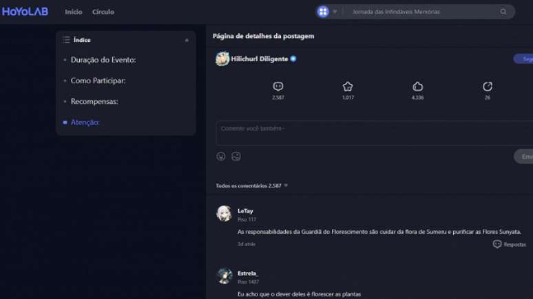 Captura de tela dos coment&aacute;rios na publica&ccedil;&atilde;o da HoYoverse sobre o evento Jornada das Infind&aacute;veis Mem&oacute;rias em Genshin Impact.