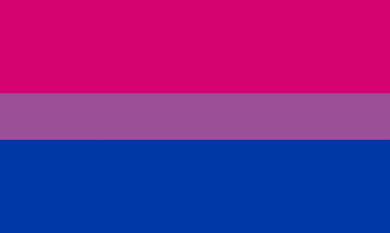 A cor roxa, que se forma a partir da mistura entre o rosa e o azul, representa as pessoas bissexuais