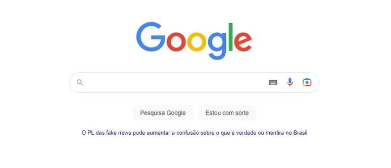 Google colocou link para artigo contra Projeto de Lei das Fake News na página inicial da plataforma.