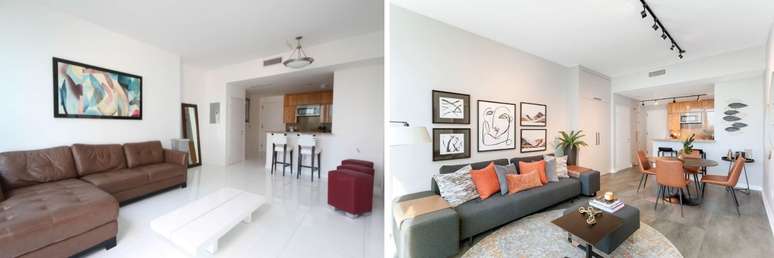 Before and after: In this room, the recess where the mirror used to stand has given way to a built-in wardrobe.  With the change of decoration implemented by the architect Gigi Gorenstein, the smaller coffee table has given way to a round dining table.