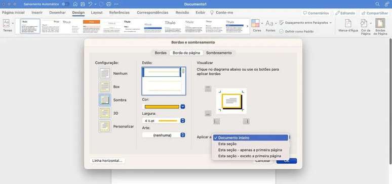 Options for configuring borders in Word (Image: Screenshot/Guilherme Haas/Canaltech) Options for configuring borders in Word (Image: Screenshot/Guilherme Haas/Canaltech)
