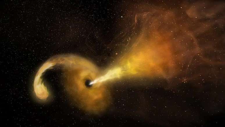 Artist's concept of a black hole spaghetti a star (Image credit: Reproduction/Sophia Dvello/NRAO/AUI/NSF) Artist's concept of a black hole spaghetti a star (Image credit: Reproduction/Sophia Dvello/NRAO/AUI/NSF)