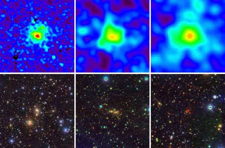 X-ray (above) and optical (below) images of three clusters used in the new measurement of dark energy (Image: Reproduction/eRosita) X-ray (above) and optical (below) images of three clusters used in the new measurement of dark energy (Image: Reproduction/eRosita)