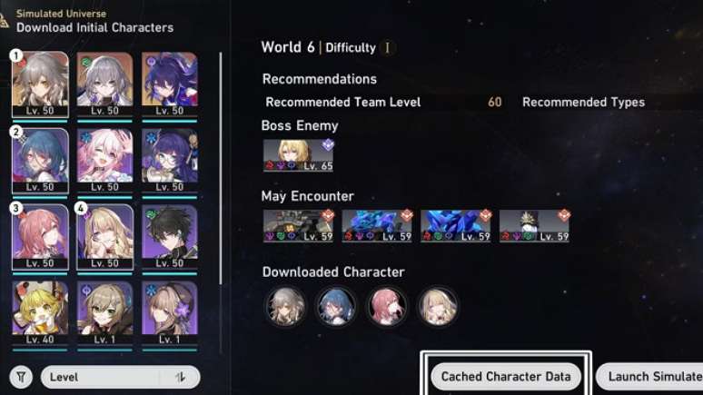 Abra a p&aacute;gina de equipamento ao escolher o personagem em Honkai: Star Rail.