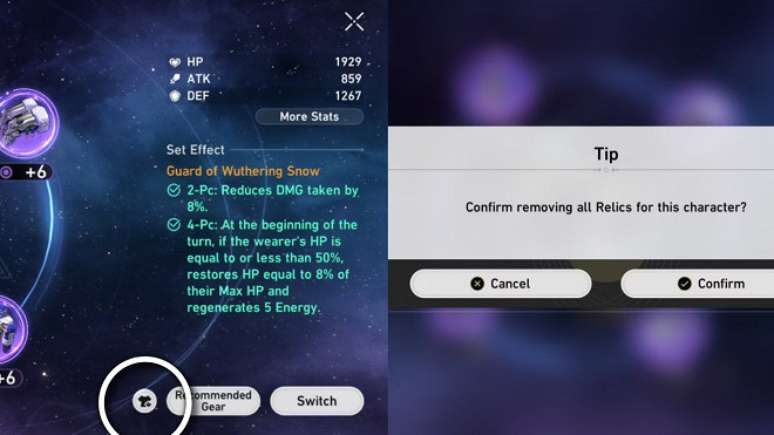 Remova e equipe os artefatos instantaneamente em Honkai: Star Rail.