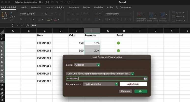 Inserting a formula into Excel's conditional training rule (Image: Screenshot/Guilherme Haas/Canaltech) Inserting a formula into Excel's conditional training rule (Image: Screenshot/Guilherme Haas/Canaltech)