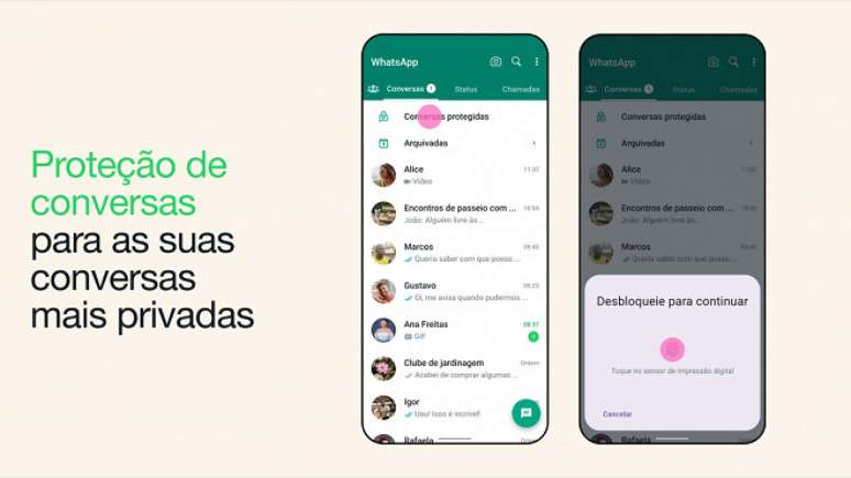 WhatsApp lança recurso de proteção de conversas por senha e biometria.