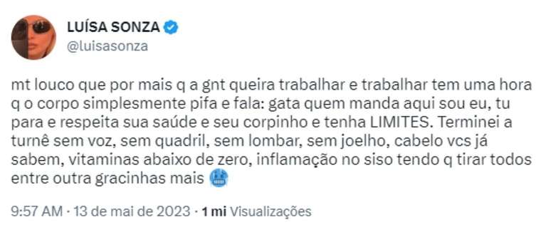 A cantora falou sobre os problemas de sa&uacute;de nas redes sociais |