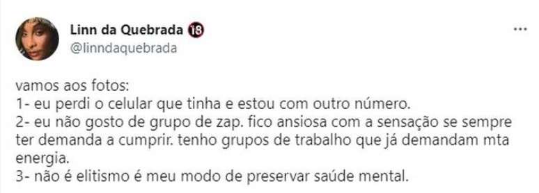 Linn da Quebrada se manifesta no Twitter
