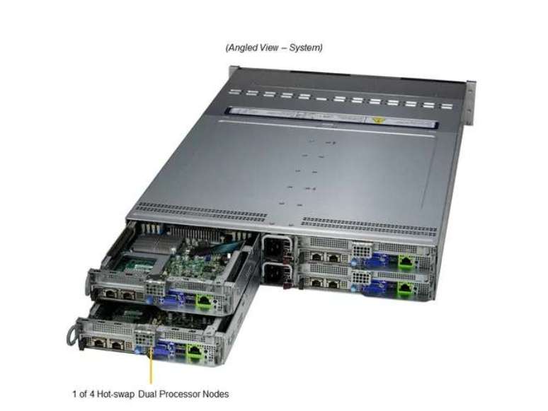 Com 4 nós de computação, o Supermicro SuperServer SYS-221BT-HNTR oferece até 256 núcleos de CPU e suporta ambientes com temperaturas de até 35 ℃ (Imagem: Reprodução/Supermicro)