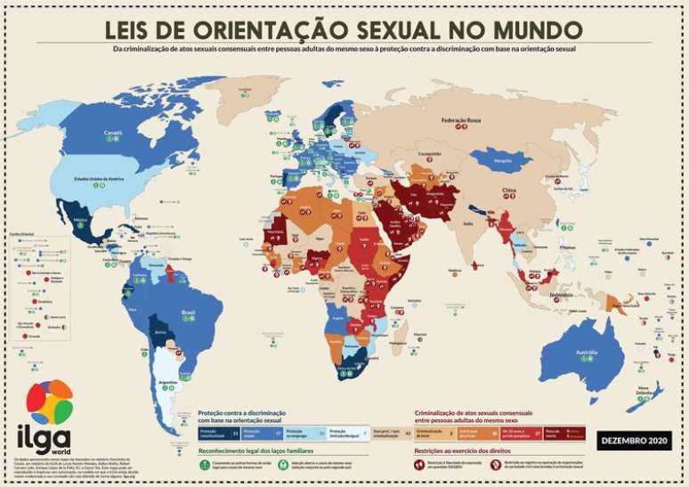 Rio de Janeitro (RJ) - LGBTfobia que chegou nas caravelas se enraizou com colonização. - Em vermelho, países que criminalizavam a homossexualidade em 2020. Arte:Associação Internacional de Gays e Lésbicas
