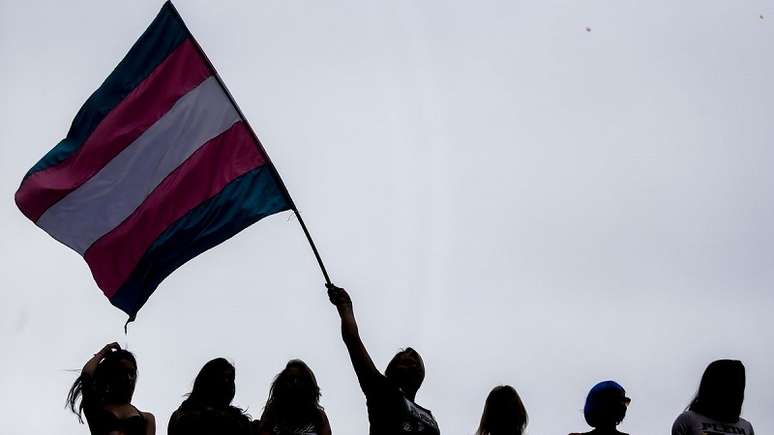 Imagem mostra a sombra de pessoas segurando a bandeira da população trans.