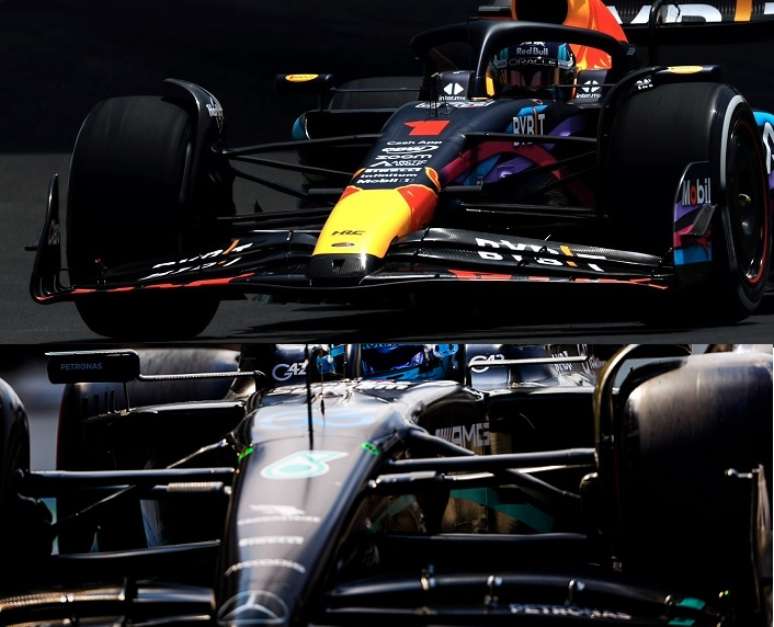 Comparativo da suspensão dianteira da Red Bull e Mercedes. O RB19 usa o esquema pullrod (saindo de baixo do carro) e o W14 usa o pushrod (saindo de cima do carro)