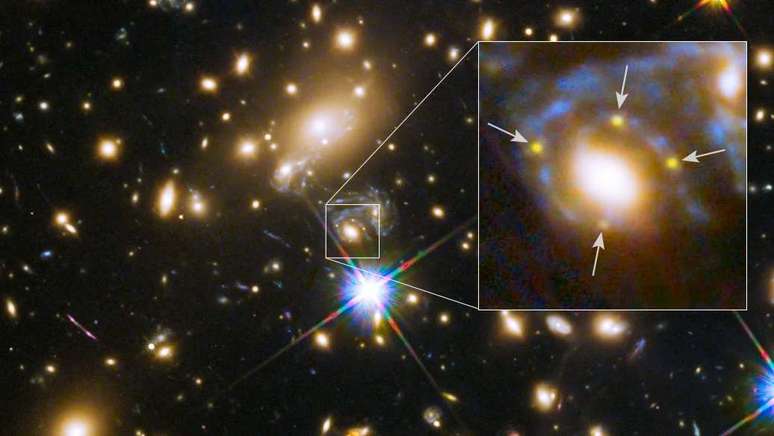 Highlighted detail of a supernova with image multiplied by gravitational lenses (Image: Reproduction/NASA/ESA/S. Rodney/FrontierSN/T. Treu/P. Kelly) Highlighted detail of a supernova with image multiplied by gravitational lenses (Image: Reproduction/NASA/ESA/S. Rodney/FrontierSN/T. Treu/P. Kelly)