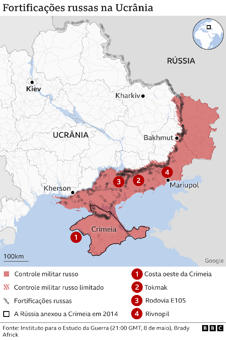 The map shows Russian fortifications in Ukraine The map shows Russian fortifications in Ukraine