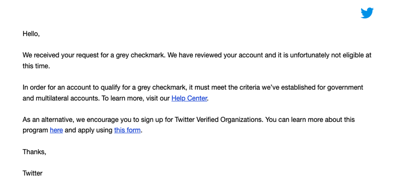 Mensagem do Twitter rejeitando selo cinza para parlamentar