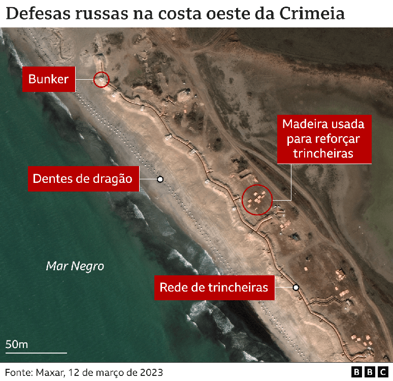 The image shows Russian defenses on the western coast of Crimea The image shows Russian defenses on the western coast of Crimea