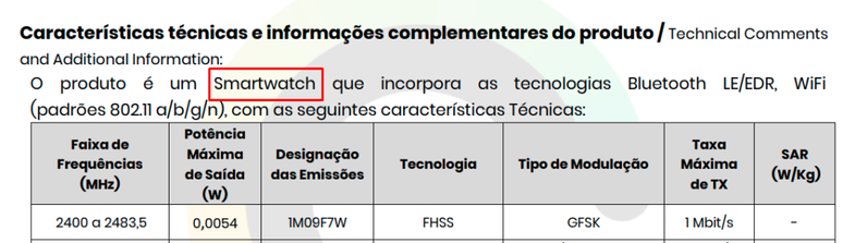 The technical compliance document confirms that the product is a smartwatch The technical compliance document confirms that the product is a smartwatch
