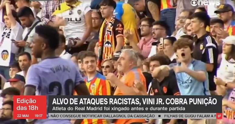 Matéria na GloboNews mostrou Vini Jr. sendo alvo de insultos raciais de torcedores do Valencia