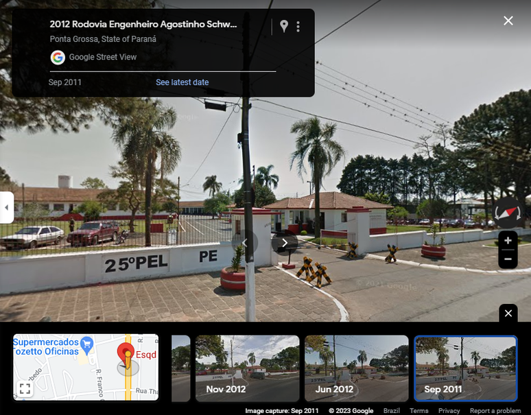 Registros do Google Street View mostram que estrutura da 5ª Brigada de Cavalaria Blindada em Ponta Grossa (PR) é pintada de vermelho e branco ao menos desde 2011