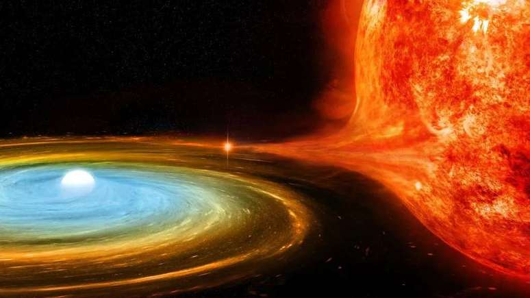 Concept of a binary system consisting of a white dwarf that steals matter from its companion, a red giant (Image: Reproduction/NASA/CXC/M.Weiss) Concept of a binary system consisting of a white dwarf that steals matter from its companion, a red giant (Image: Reproduction/NASA/CXC/M.Weiss)