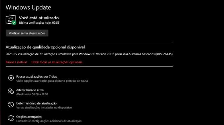 Captura de tela da atualiza&ccedil;&atilde;o KB5026435 do Windows 10 vers&atilde;o 22H2.