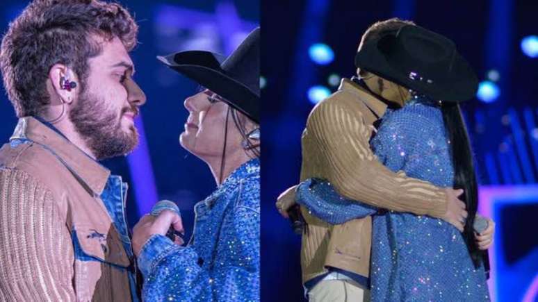 Ana Castela and Gustavo Mioto kiss during an international show