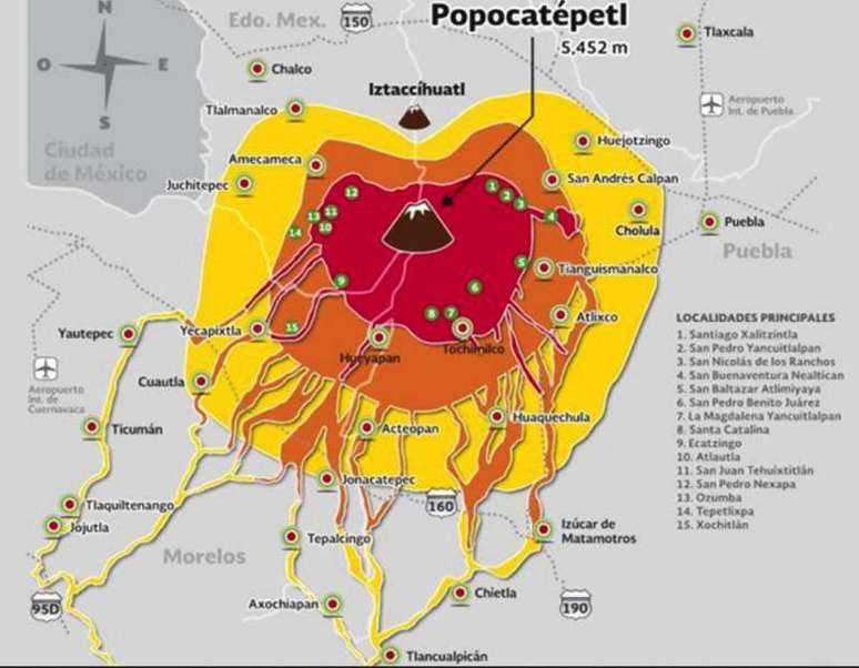 Mapa do Governo do M&eacute;xico mostra as zonas de perigo de lama e de lava nas &aacute;reas ao redor do vulc&atilde;o