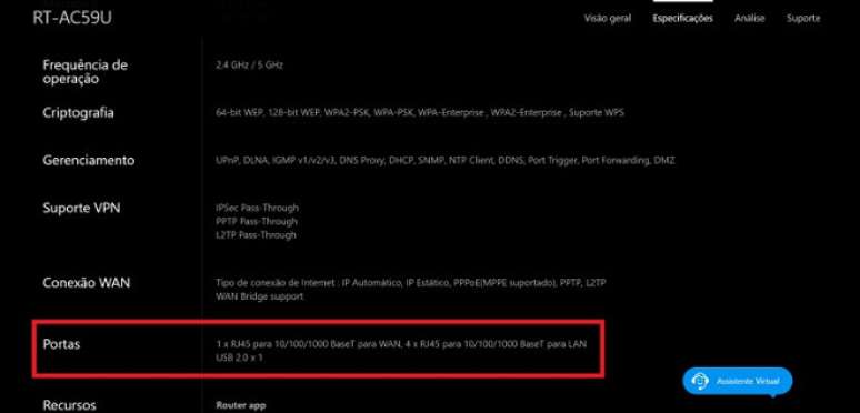 Especifica&ccedil;&otilde;es do roteador Wi-fi Dual Band Asus RT-AC59U.
