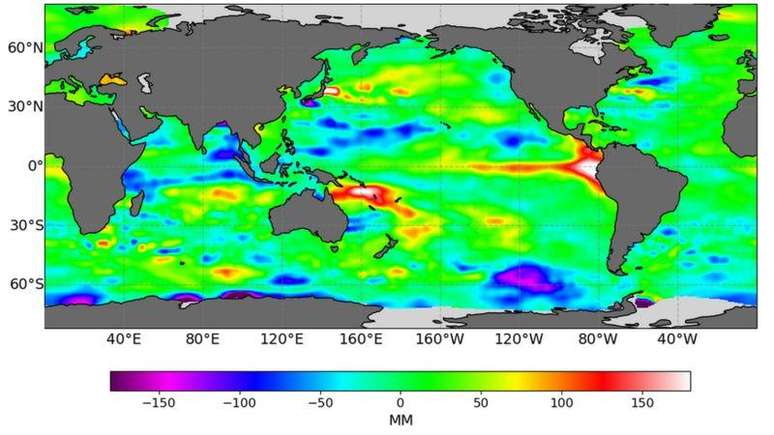 Estas são as imagens criadas a partir dos dados compilados pelo satélite Sentinel-6. A acumulação vermelha e branca que se vê ao longo da costa da América é de ondas Kelvin