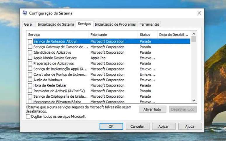 Disable Windows Services (Image: Screenshot/Thiago Furquim/Canaltech) Disable Windows Services (Image: Screenshot/Thiago Furquim/Canaltech)