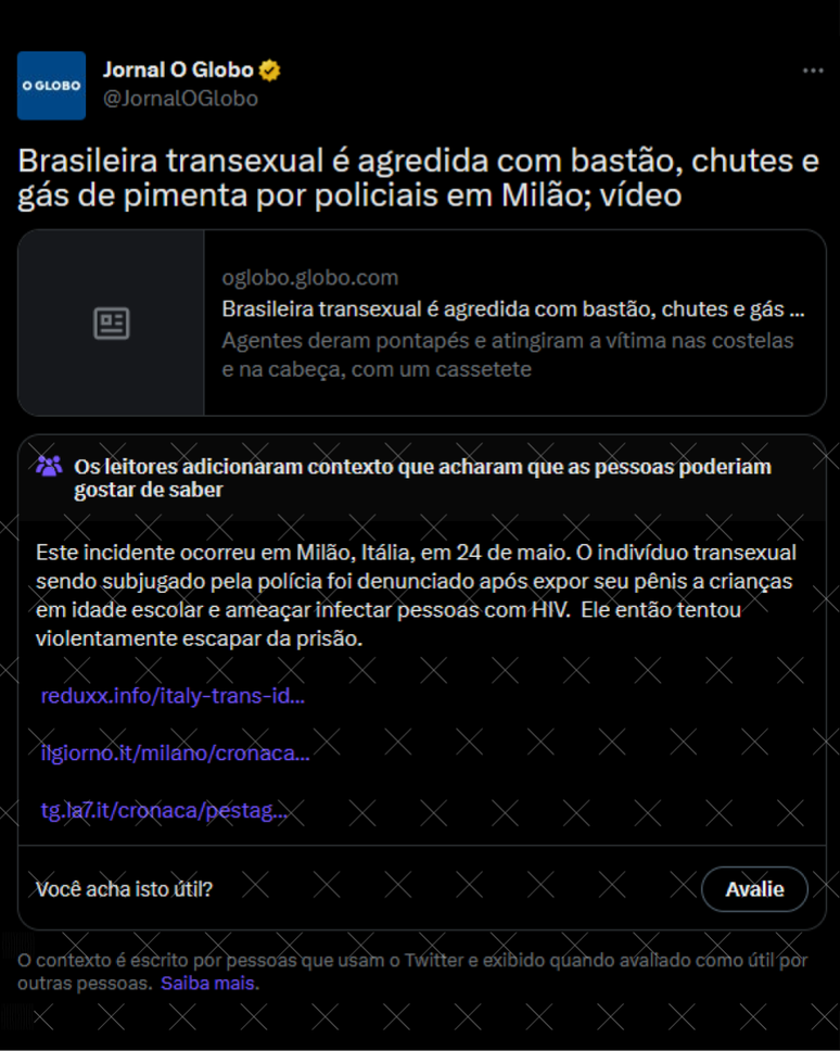 Nota da comunidade no Twitter afirma que mulher trans foi agredida por policiais na Itália após expor seu pênis a crianças e ameaçar infectar pressoas com HIV, o que é mentira