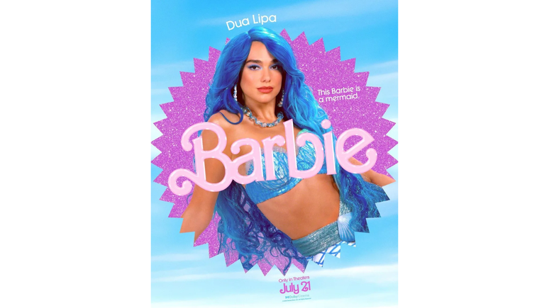 Cartaz individual de Dua Lipa como Barbie Sereia.