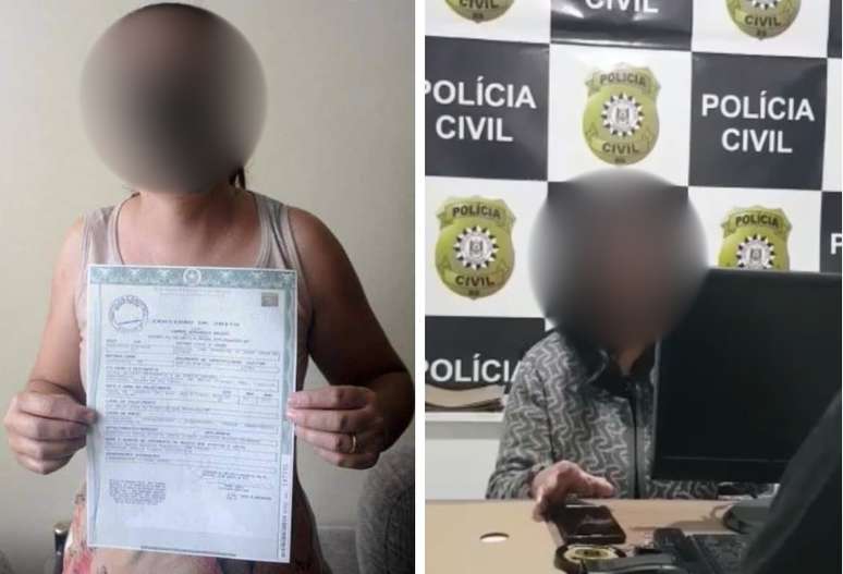 Na primeira foto, mulher segura certidão de óbito; na segunda, mulher está em delegacia; imagens eram usadas para enganar vítimas