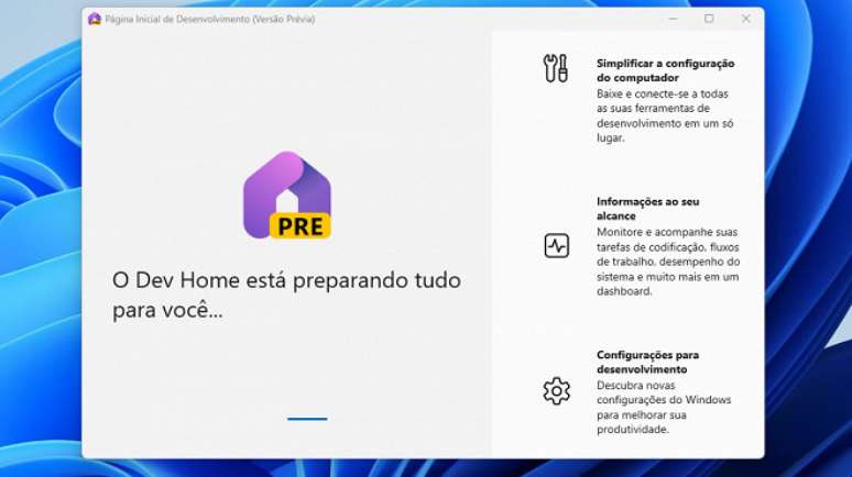 Captura de tela do aplicativo Dev Home Preview (Página Inicial de Desenvolvimento Versão de Visualização).