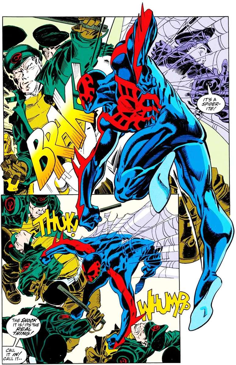 Spider-Man 2099's powers are used more aggressively in a violent dystopian future (Image: Playback/Marvel Comics) Spider-Man 2099's powers are used more aggressively in a violent dystopian future (Image: Playback/Marvel Comics)