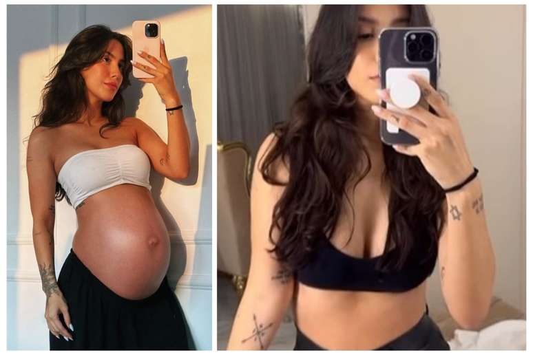 &Agrave; esquerda, Gabi Brandt na reta final da gravidez; ao lado, um v&iacute;deo feito dias pos-parto