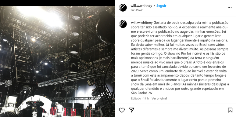 Músico postou pedido de desculpas após comentários sobre o Brasil Músico postou pedido de desculpas após comentários sobre o Brasil