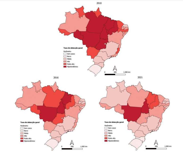 Os mapas mostram a mudança no cenário epidemiológico da hanseníase no Brasil entre 2010 e 2021