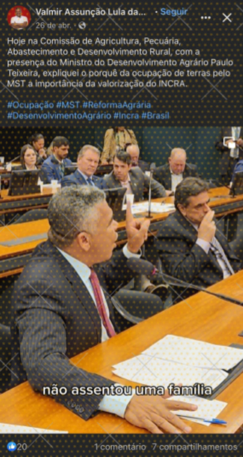 V&iacute;deo do deputado Valmir Assun&ccedil;&atilde;o em que desinforma sobre n&uacute;mero de fam&iacute;lias assentadas no governo Bolsonaro