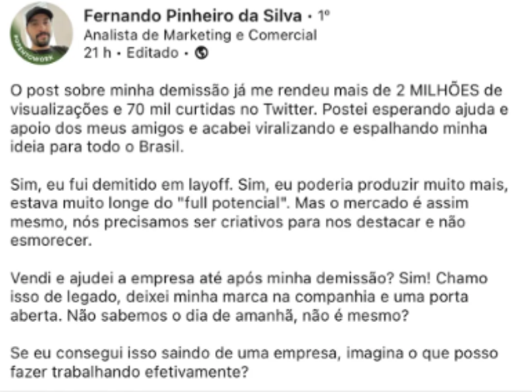 Publicação de Fernando Pinheiro no LinkedIn