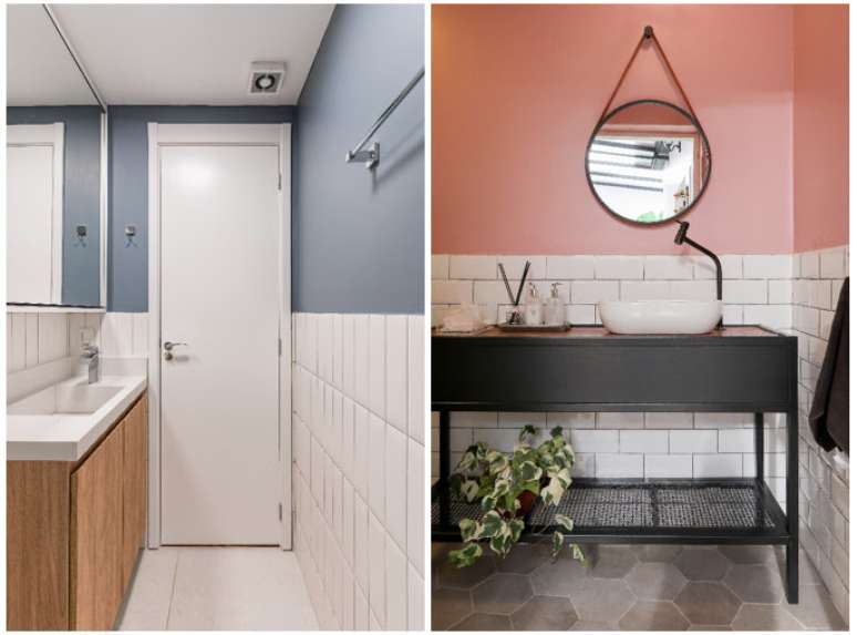 Investing in the use of half a wall for social bathrooms and washrooms makes the environment pleasant to the eye.  Carried out by the architect Letícia de Nóbrega, the two projects above are distinguished by the vigor of pink and blue, which enter into synergy with the white coverings and the other elements she has chosen for the interior architecture.